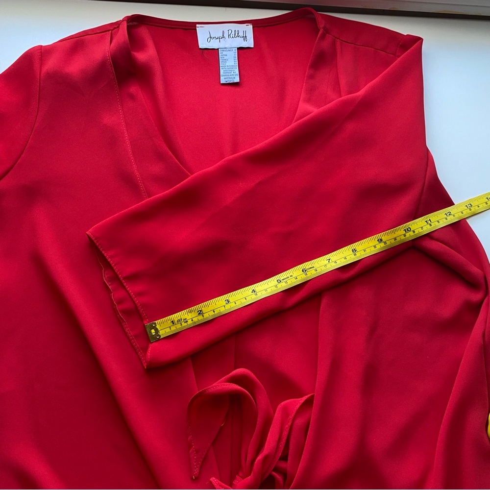 Joseph Ribkoff Red Tie Front Blouse Size 8 Chiffon V Neck 3/4 Sleeve Office - Picture 12 of 15